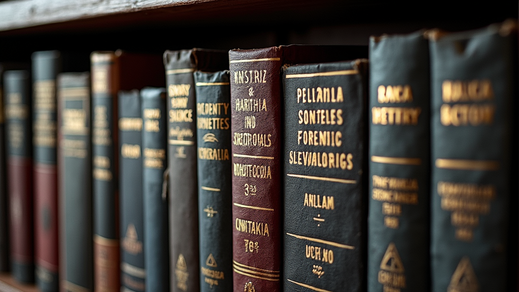 Bookshelf with criminology and forensic science textbooks